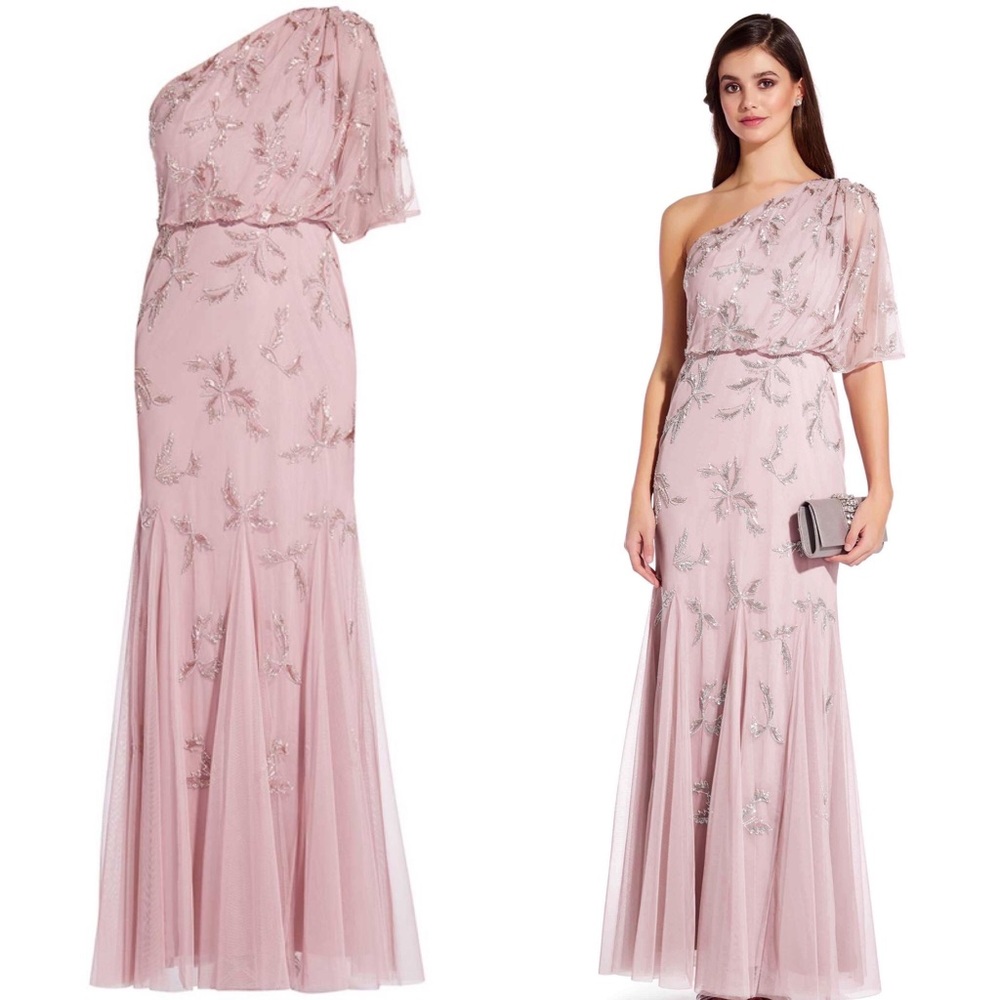 Adrianna Papell One Shoulder Filigree Beaded Dress